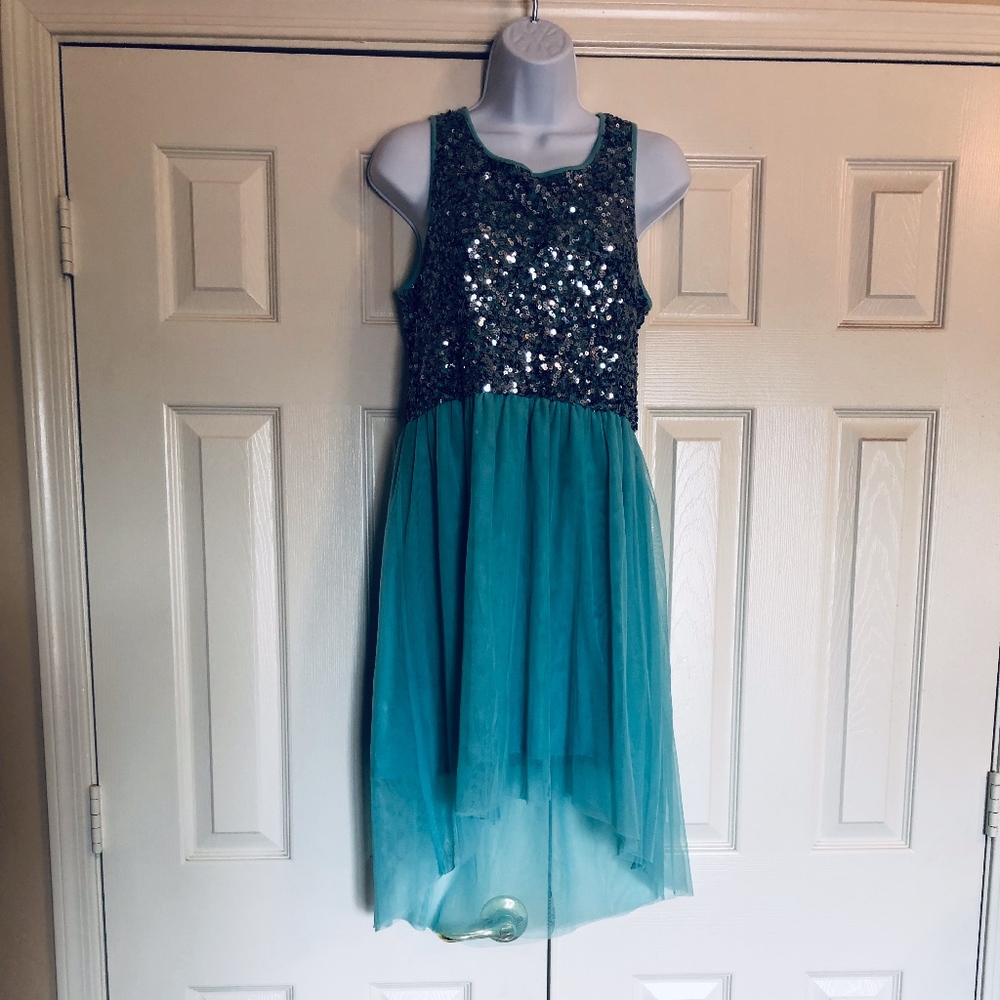 Girls Turquoise Sequined Party dress Sz16